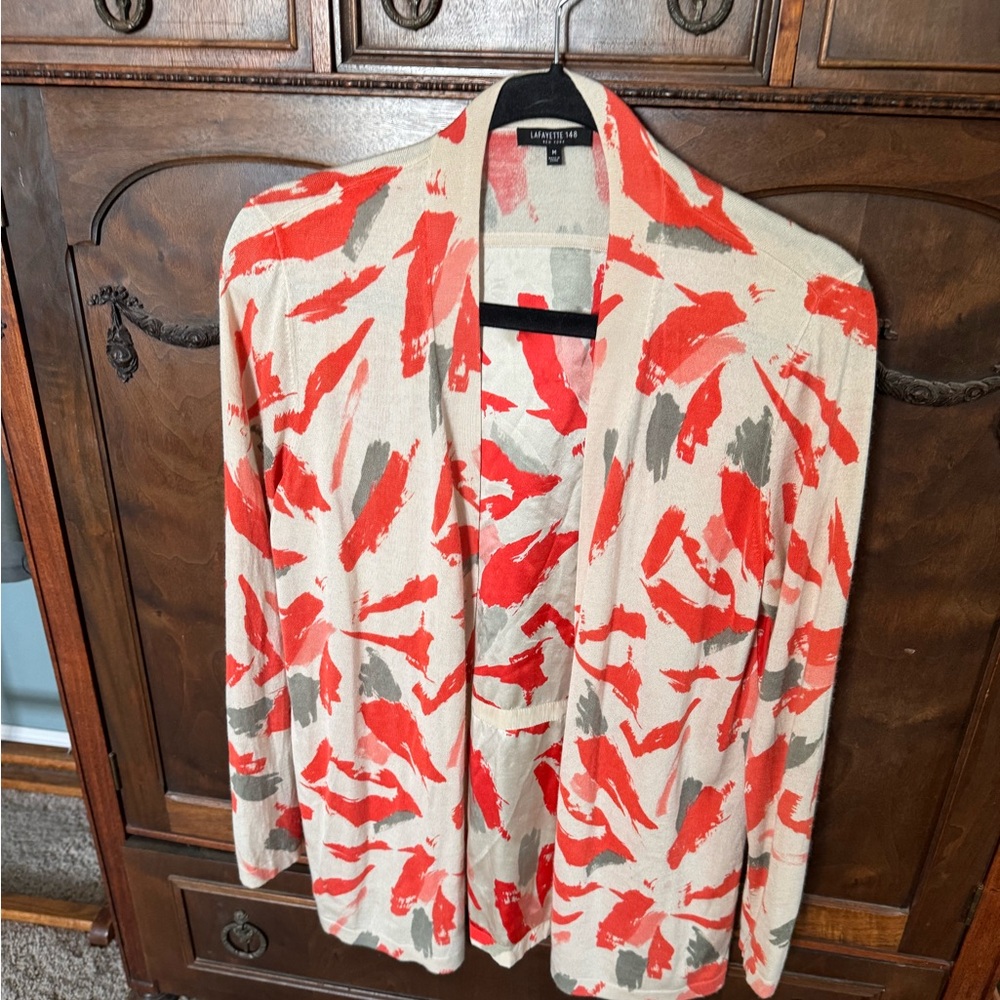 Lafayette 148 New York Red and Gray Patterned Cardigan